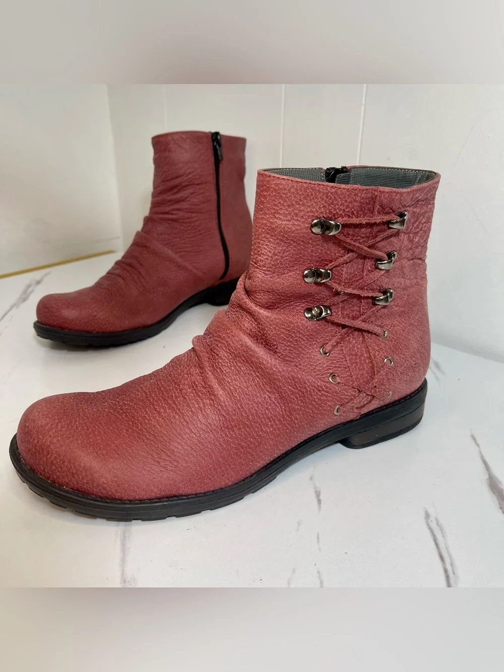 Rose Red Textured Ruched Leather Ankle Boots with Lace Detail Size 9.5M